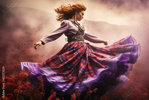 Against the haunting backdrop of Scotland's fog-covered moors, a Highland dancer energetically leaps; her tartan kilt creating ghostly swirls in the extended exposure amidst purple heather photo