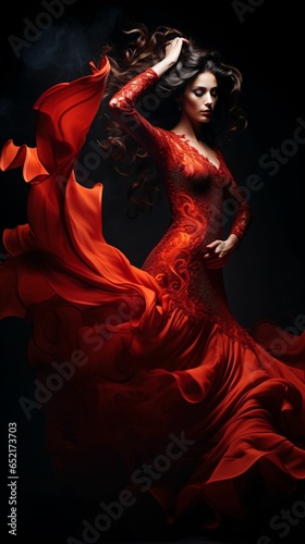 A Spanish flamenco dancer's vibrant red dress swirls gracefully during a passionate spin, captured with long time exposure, blurring movement against a dimly lit backdrop © Christian