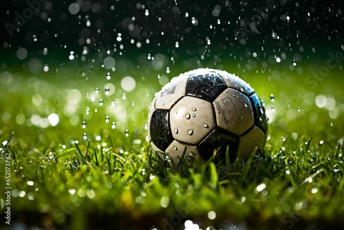  Close-up of a glistening football on wet grass, raindrops creating ripples on its surface, reflecting stadium lights