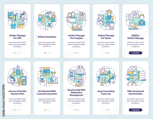 2D icons representing online therapy mobile app screen set. Walkthrough 5 steps multicolor graphic instructions with thin line icons concept, UI, UX, GUI template.