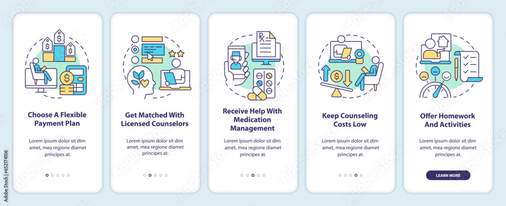 2D icons representing online therapy mobile app screen set. Walkthrough 5 steps multicolor graphic instructions with linear icons concept, UI, UX, GUI template. 2D icons representing online therapy mobile app screen set. Walkthrough 5 steps multicolor graphic instructions with linear icons concept, UI, UX, GUI template.