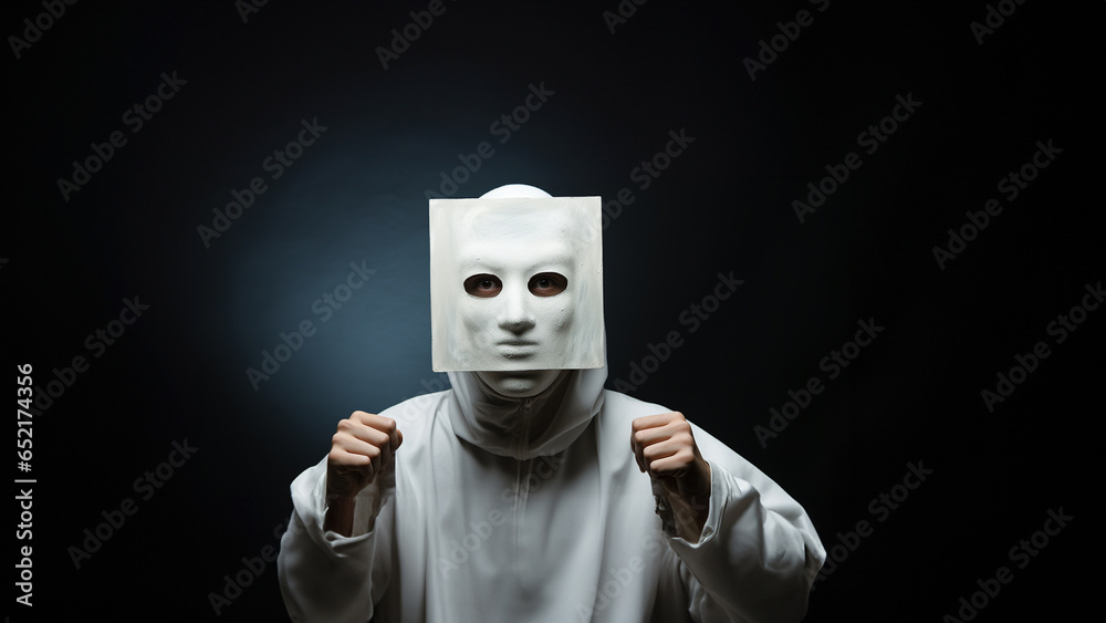 Verbrecher anonym mit Maske und Fäust im Querformat, ai generativ