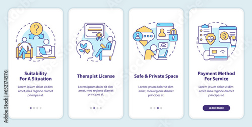 2D icons representing online therapy mobile app screen set. Walkthrough 4 steps colorful graphic instructions with linear icons concept, UI, UX, GUI template.
