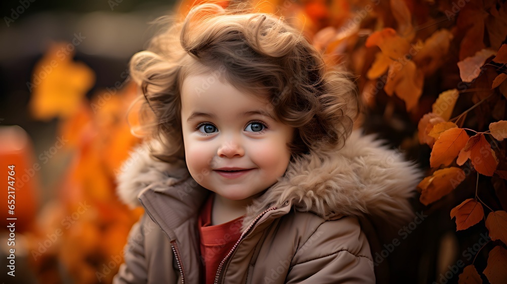 close-up portrait of a kid with soft lighting and an autumn backdrop. Generative Ai. close-up portrait of a kid with soft lighting and an autumn backdrop. Generative Ai.