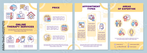 2D yellow online therapy brochure template, leaflet design with thin linear icons, 4 vector layouts.