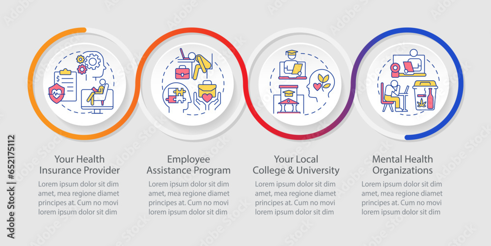2D online therapy vector infographics template with linear icons concept, data visualization with 4 steps, process timeline chart. 2D online therapy vector infographics template with linear icons concept, data visualization with 4 steps, process timeline chart.
