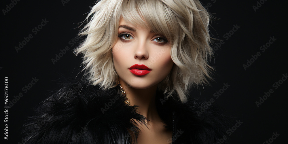 Hübsche Frau mit gefärbten und gelockten Haar mit modernster Frisur und edlen Visagistik Make up als Poster Nahaufnahme, ai generativ Hübsche Frau mit gefärbten und gelockten Haar mit modernster Frisur und edlen Visagistik Make up als Poster Nahaufnahme, ai generativ