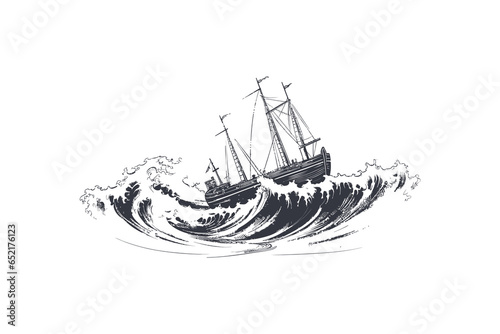 Boat on waves hand drawn sketch. Vector illustration design.