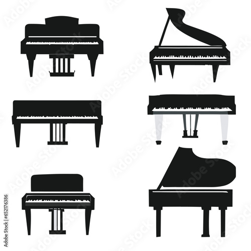 piano big callection. Grand piano flat isometric vector illustrations set. Grand pianos in different view angle. Music key and notes. Classical music concept.
