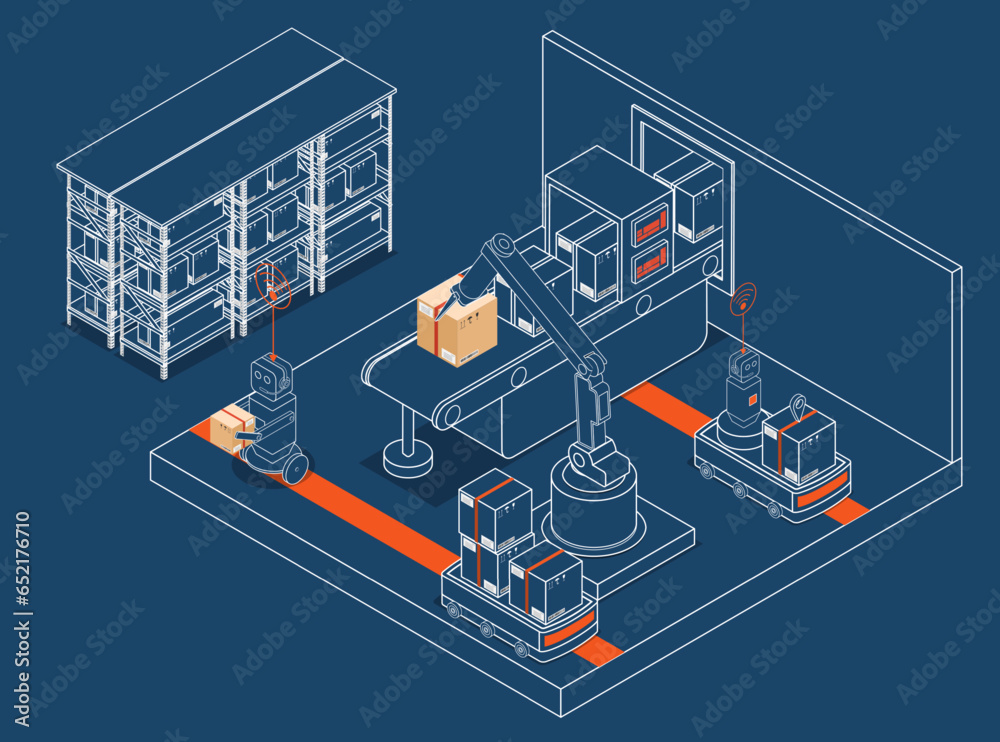 Fototapeta premium 3D Isometric Warehouse automation concept with Robot arm picks up the box to Autonomous Robot transportation in warehouses. Vector illustration EPS 10