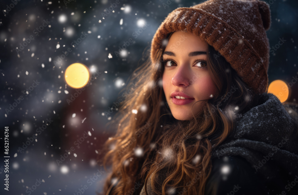 Woman under a snowfall in Christmas time Woman under a snowfall in Christmas time