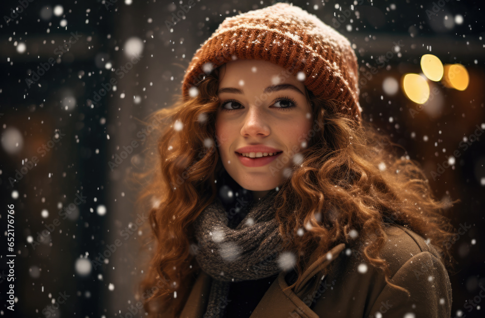 Young woman smiling under a snowfall in Christmas time with a warm hat and scarf Young woman smiling under a snowfall in Christmas time with a warm hat and scarf