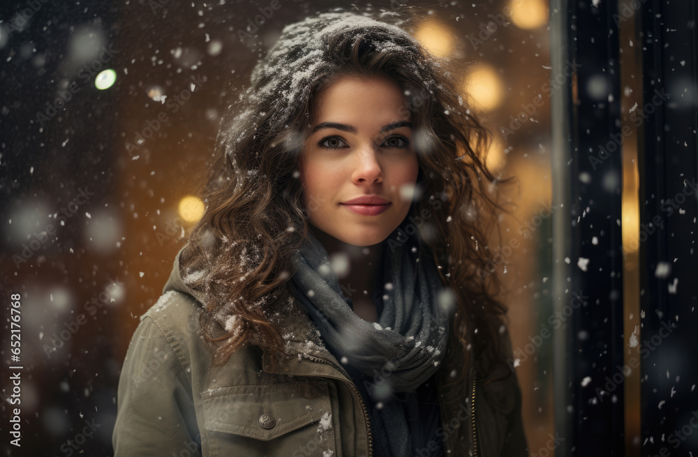 Woman under a snowfall in Christmas time Woman under a snowfall in Christmas time