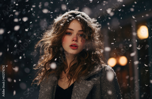 Woman under a snowfall in Christmas time