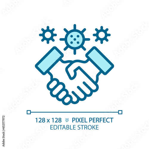 2D pixel perfect editable blue handshake with virus icon, isolated monochromatic vector, thin line illustration representing bacteria.