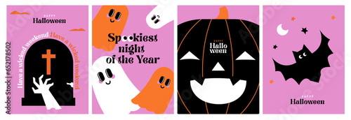 Happy Halloween. Set of cute Vector flat cartoon cards with grave with zombie hand, bat, pumpkin, ghosts, and Halloween wishes. Trendy flat design for decoration, ads, greetings, banner, poster, cover photo