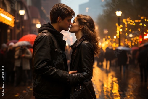 Couple sharing a passionate kiss in the midst of a vibrant city square, Generative AI