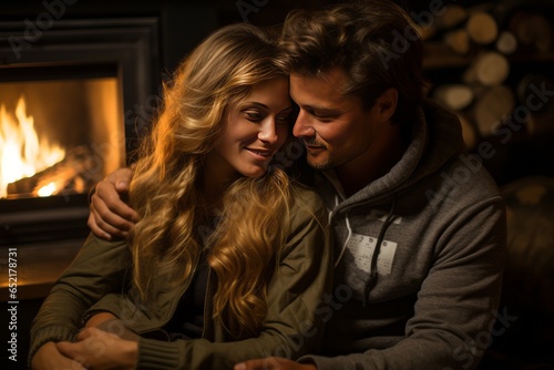 Couple cuddled up by a cozy fireplace on a chilly evening, Generative AI