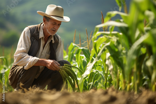 The farmer takes care of his crops using a sustainable environment.