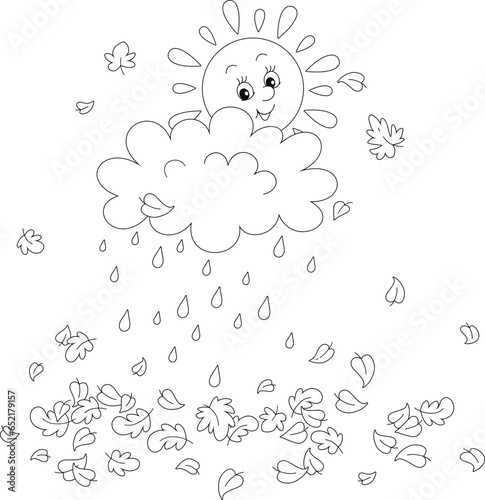 Cute friendly smiling sun and a small rain cloud with falling raindrops over autumn leaves, black and white outline vector cartoon illustration for a coloring book