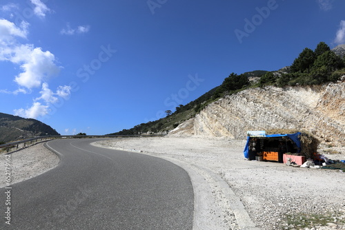 View from the famous SH8 road at the Llogara Pass in Albania - a high mountain pass within the Ceraunian Mountains along the Albanian Riviera. Tourist attraction. 