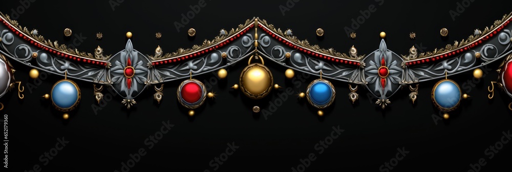 A black background with gold, red, and blue ornaments. AI image. Panoramic banner.