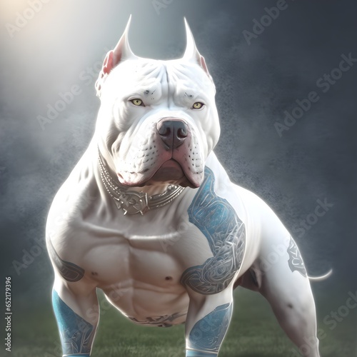 White American bully Character design with extreme muscle and light blue tribal tattoos that shimmer void arcanist mist Photo realistic octane render unreal engine hyper detailed volumetric lighting  photo