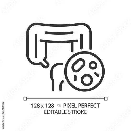 2D pixel perfect editable black intestine with bacteria icon, isolated vector, simple thin line illustration representing bacteria.
