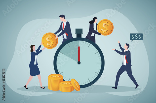 Fast and easy micro loans, landing page template. Group of bank clerks flying on hot balloon and give money to clients. Business People takes financial support, credits. Flat vector illustration