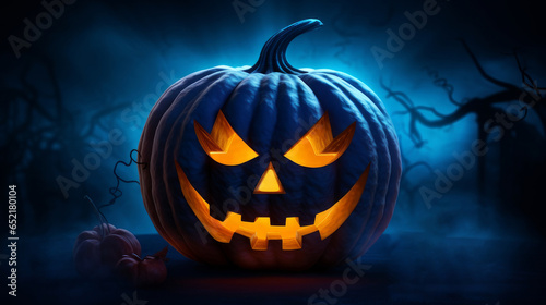 Halloween background. Spooky pumpkin with moon and dark forest. Halloween design with copyspace