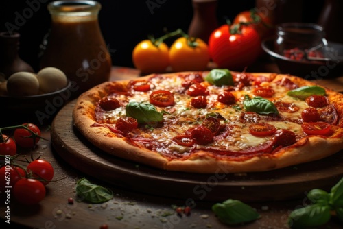 A pizza sitting on top of a wooden cutting board. Imaginary food photo.