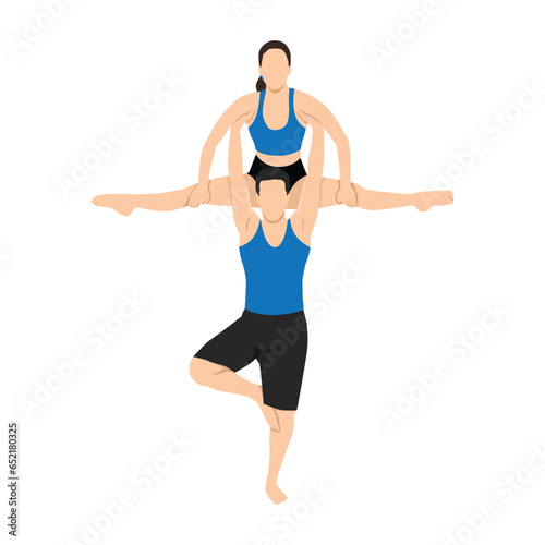 Young couple doing balancing on one leg and lifting girlfriend doing splits during acro yoga session. Flat vector illustration isolated on white background