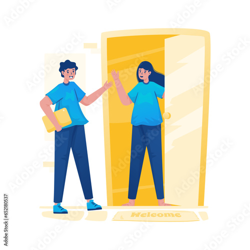 Welcome home greeting visits a friend's house illustration