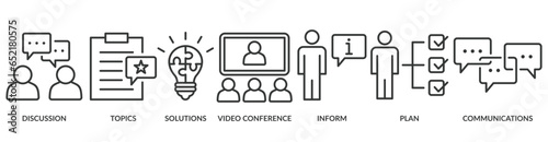 Meeting banner web icon vector illustration for business meeting and discussion with communications, topics, solutions, plan, inform and video conference icon