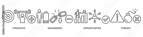 SWOT banner web icon vector illustration concept for strengths, weaknesses, threats and opportunities analysis with an icon of value, goal, break chain, low battery, growth, check, minus, and crisis