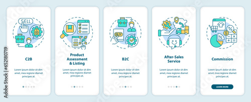 2D icons representing C2C mobile app screen set. Walkthrough 3 steps colorful graphic instructions with thin line icons concept, UI, UX, GUI template.