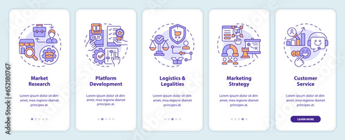 2D icons representing C2C mobile app screen set. Walkthrough 5 steps multicolor graphic instructions with linear icons concept, UI, UX, GUI template.