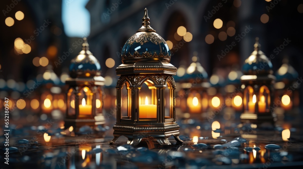 A group of lit lanterns sitting on top of a table. Imaginary Ramadan illustration. - obrazy, fototapety, plakaty 
