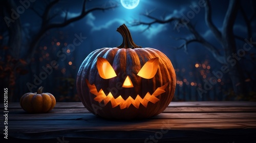 Scary Halloween pumpkin with glowing eyes on wooden planks at night