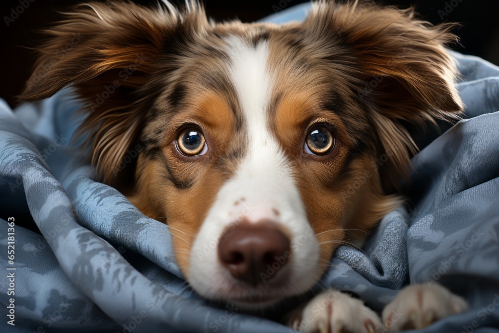 Dog nestled under a cozy blanket, snuggled up for a nap, Generative AI