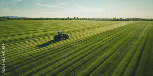 Aerial view of Tractor mowing green field in Finland . Scenic Landscape: Aerial Shot of Tractor in Finnish Field