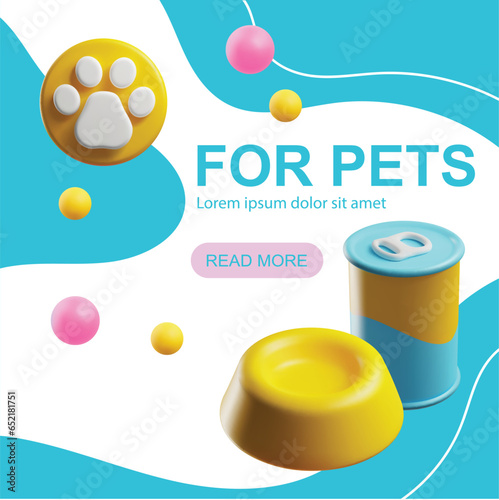 Poster tamplate with 3d rendering pet store food, toys, accessories and nutrition, vector cat and dog cute care shop photo