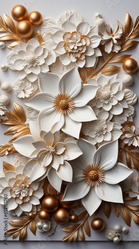 A white and gold paper flower arrangement with gold ornaments. AI image.
