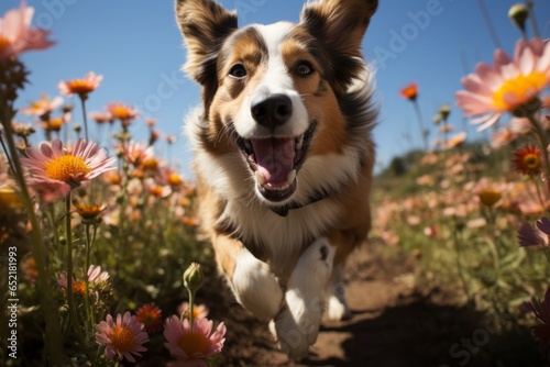 Dog with a happy grin, running through a field of blooming flowers, Generative AI © Shooting Star Std