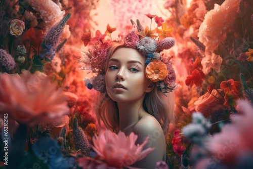 Beautiful girl in flowers, AI generated 
