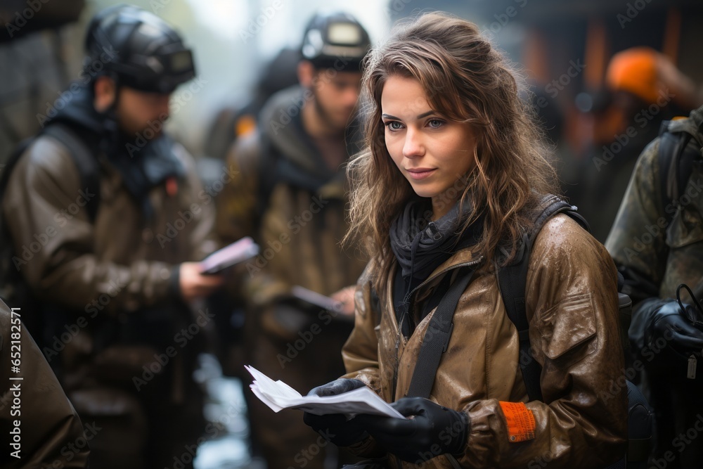 Fototapeta premium Journalist covering an environmental issue, interacting with scientists and experts, Generative AI.