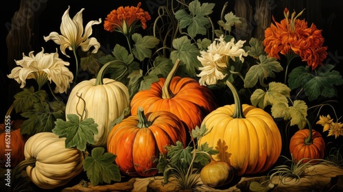 A painting of pumpkins and flowers on a table. AI image.