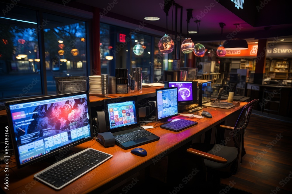 Newsroom with screens displaying real-time updates and social media feeds, Generative AI Newsroom with screens displaying real-time updates and social media feeds, Generative AI