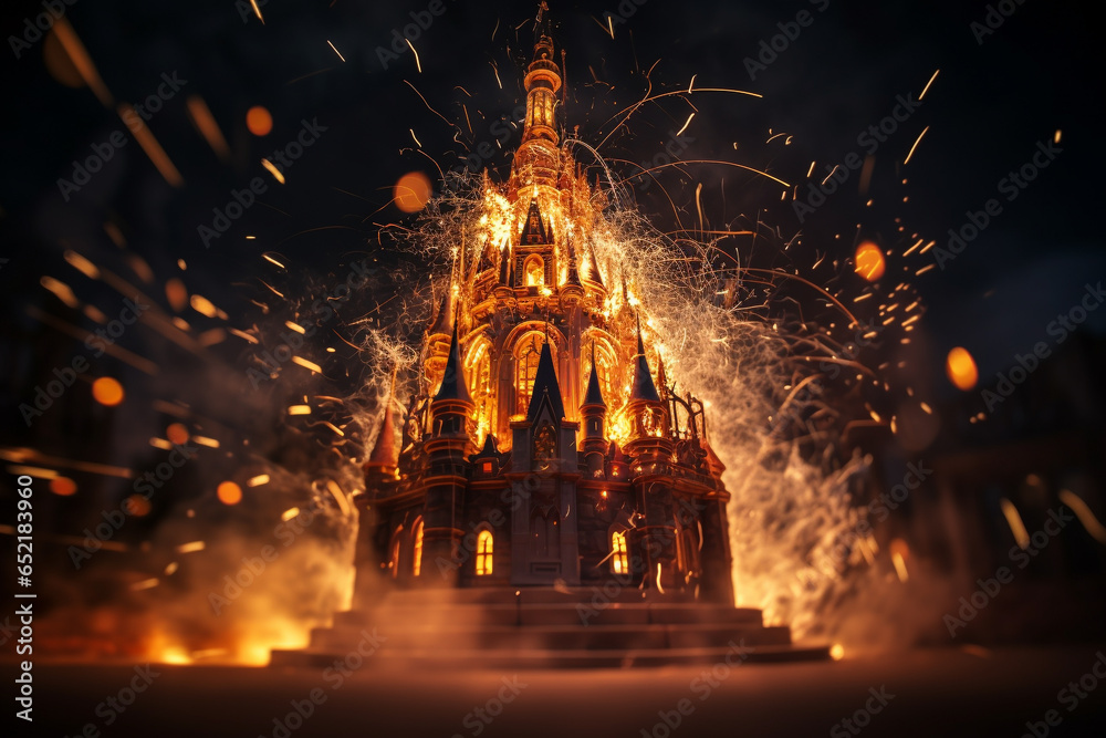 Castle_engulfed_made_of_fire_flame_with_sparks_on_blac_ - obrazy, fototapety, plakaty 