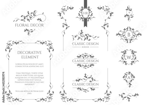 Floral monograms and borders, frames for cards, invitations, menus, labels. Classic ornament. Graphic design pages.